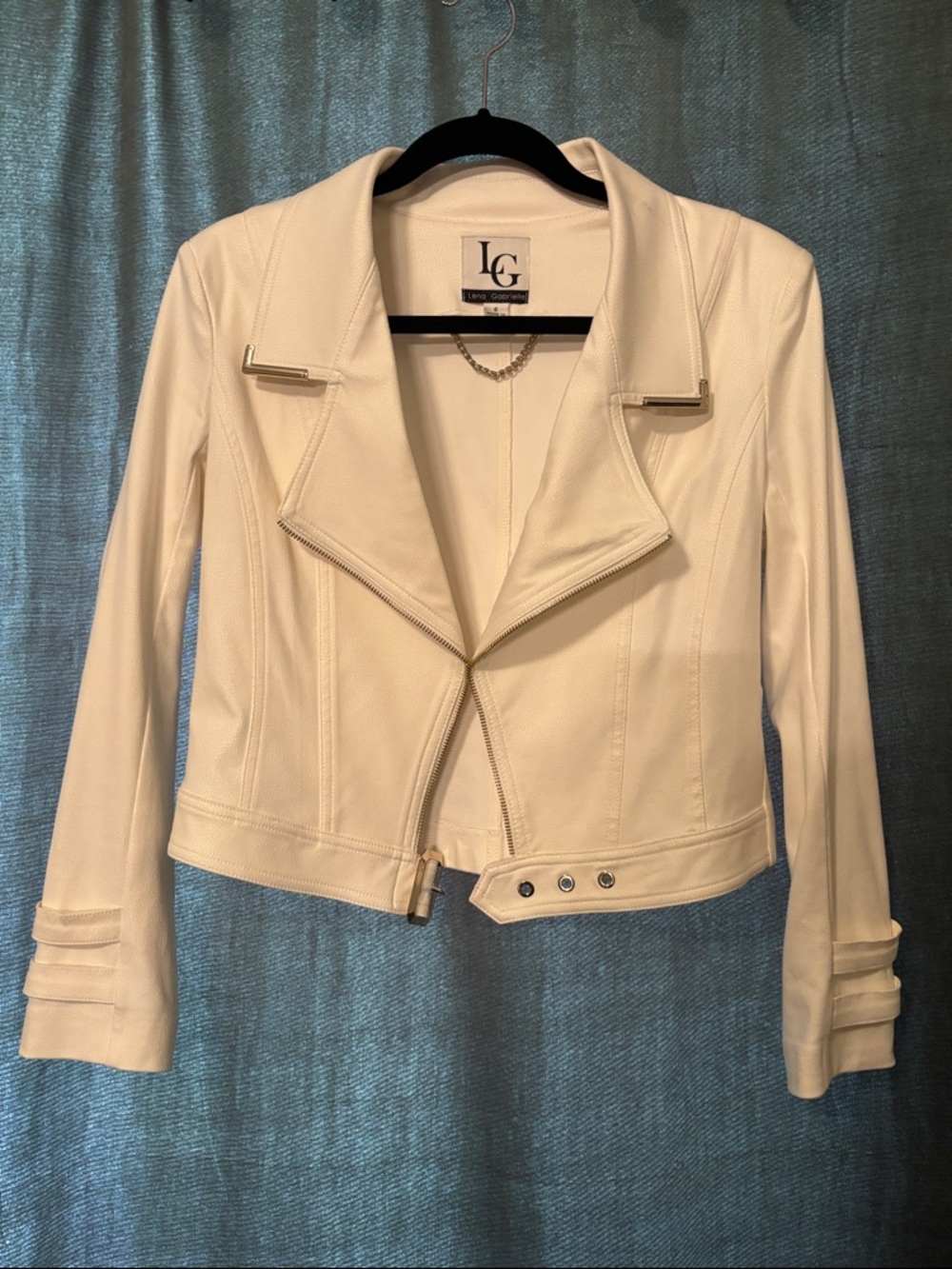 LG Cream Faux Leather Moto Jacket with Metal Accents